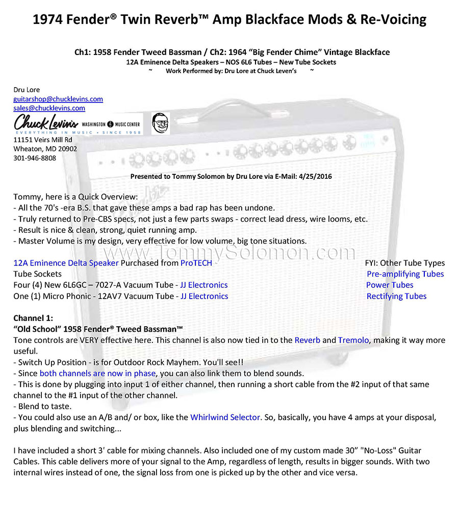 1974 Fender® Twin Reverb™ Amp Blackface Mods & Re-Voicing Documents and Schematics - 1