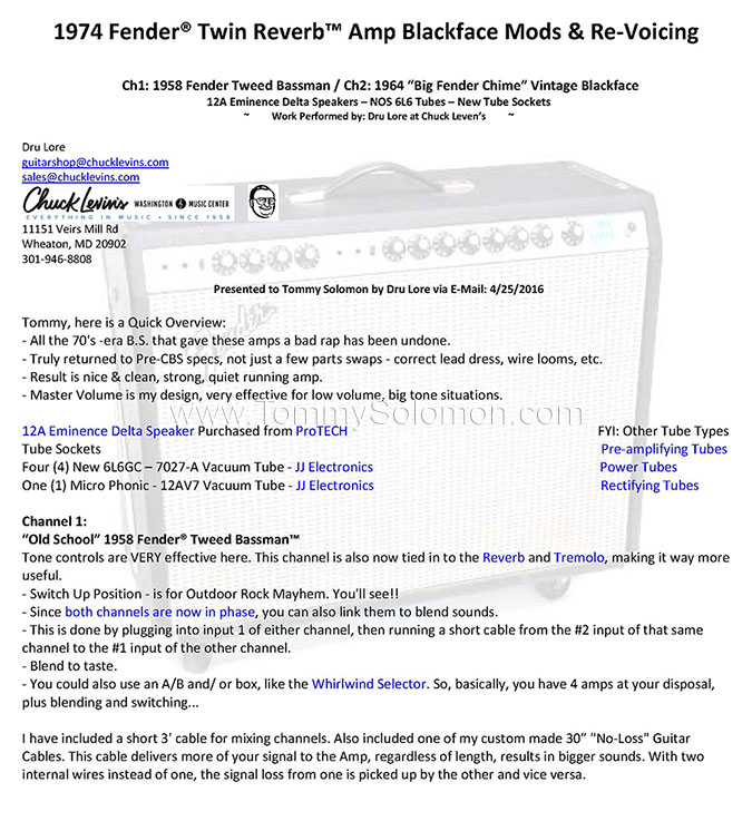 1974 Fender® Twin Reverb™ Amp Blackface Mods & Re-Voicing Documents and Schematics - 1